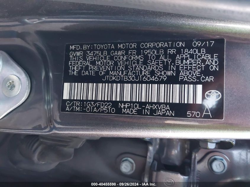 JTDKDTB30J1604679 2018 Toyota Prius C One