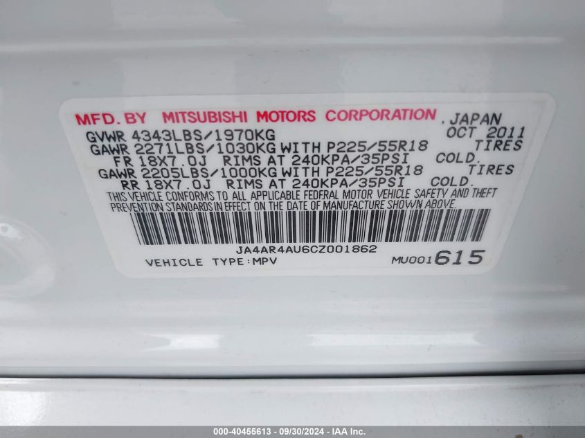 2012 Mitsubishi Outlander Sport Se VIN: JA4AR4AU6CZ001862 Lot: 40455613