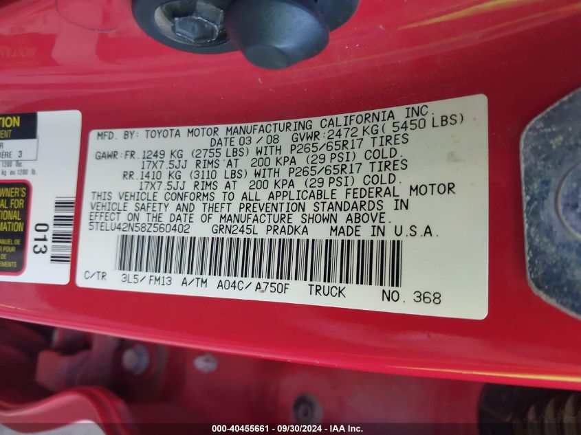 5TELU42N58Z560402 2008 Toyota Tacoma Double Cab