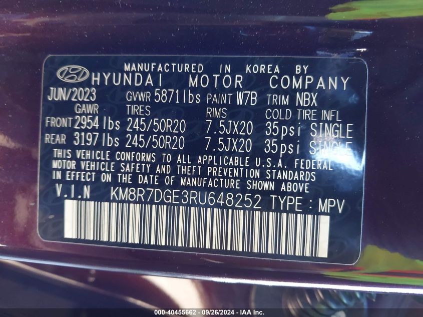 2024 Hyundai Palisade Calligraphy VIN: KM8R7DGE3RU648252 Lot: 40455662