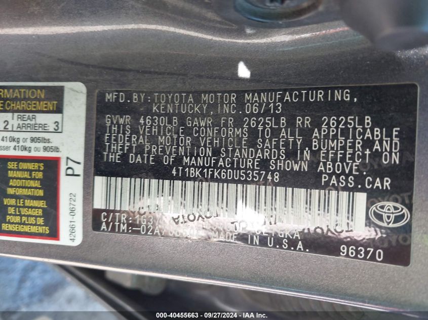 4T1BK1FK6DU535748 2013 Toyota Camry Xle V6