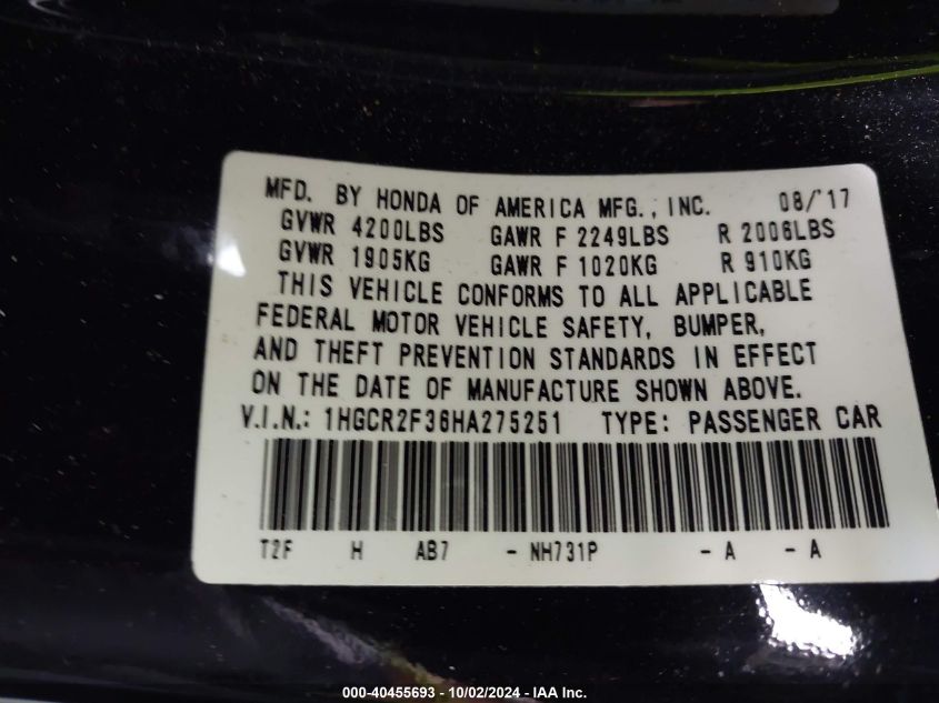 1HGCR2F36HA275251 2017 Honda Accord Lx