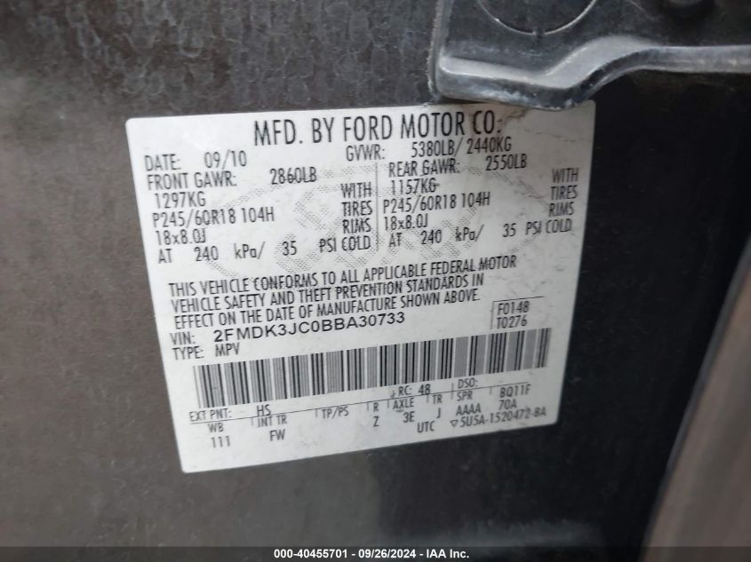 2FMDK3JC0BBA30733 2011 Ford Edge Sel