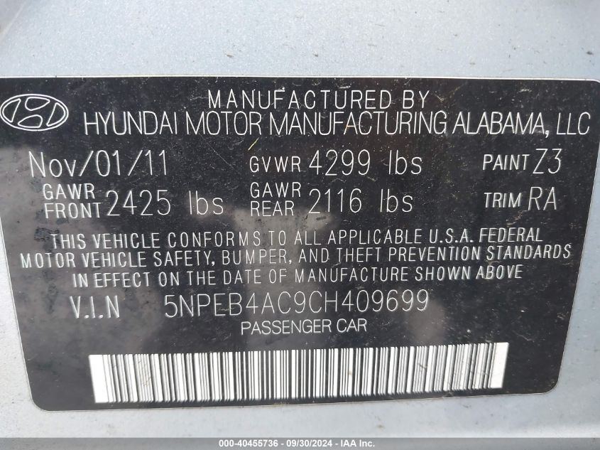 5NPEB4AC9CH409699 2012 Hyundai Sonata Gls