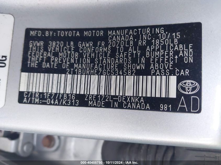 2T1BURHE7GC534582 2016 Toyota Corolla Le