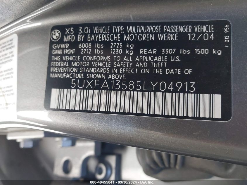 5UXFA13585LY04913 2005 BMW X5 3.0I