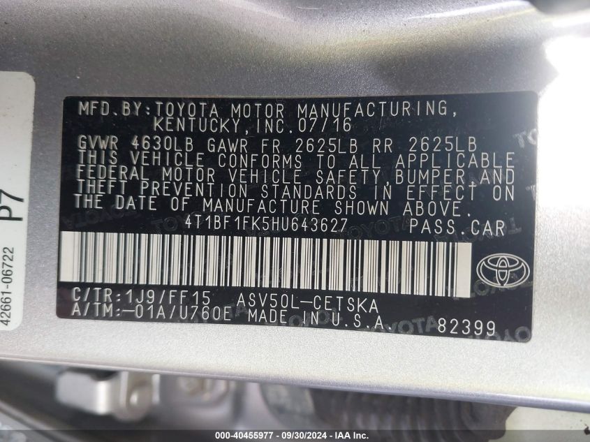 2017 Toyota Camry Se VIN: 4T1BF1FK5HU643627 Lot: 40455977