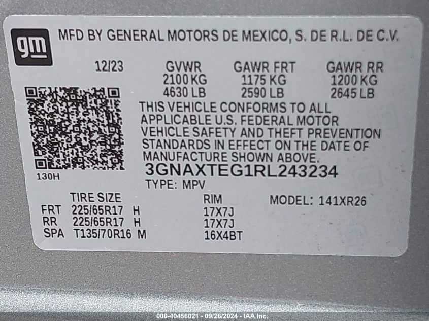 2024 Chevrolet Equinox Awd 2Fl VIN: 3GNAXTEG1RL243234 Lot: 40456021