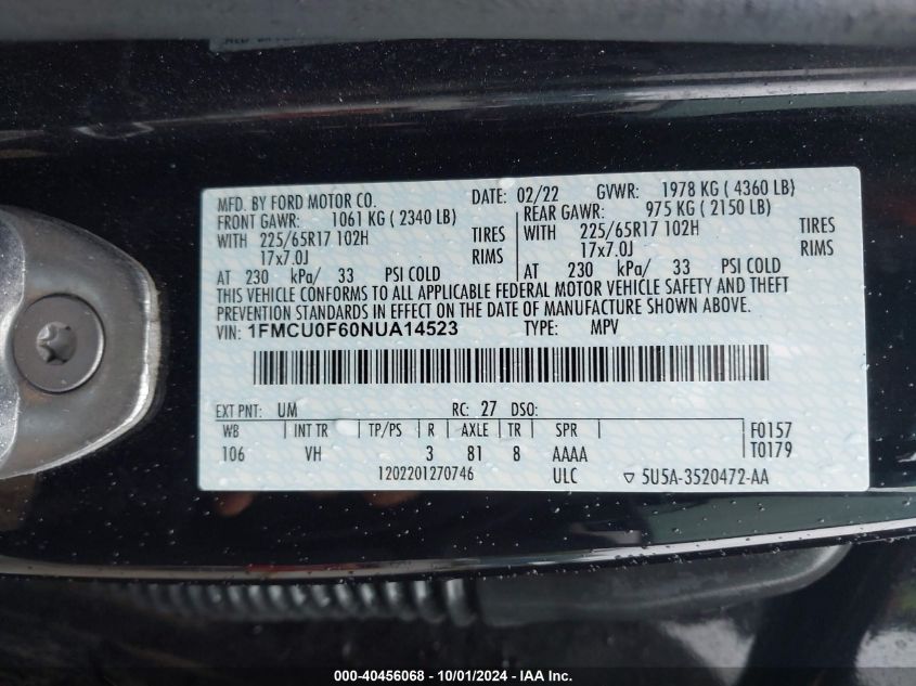 1FMCU0F60NUA14523 2022 Ford Escape S