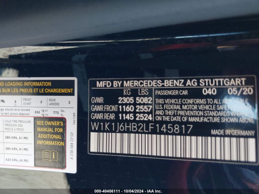 W1K1J6HB2LF145817 2020 Mercedes-Benz E 450