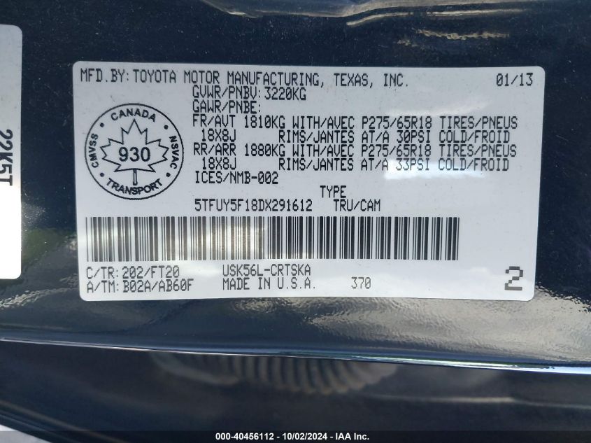 5TFUY5F18DX291612 2013 Toyota Tundra Sr5 5.7L V8