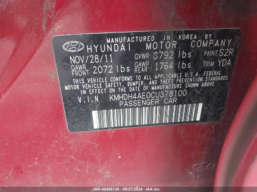 2012 Hyundai Elantra Limited (Ulsan Plant) VIN: KMHDH4AE0CU378100 Lot: 40456135