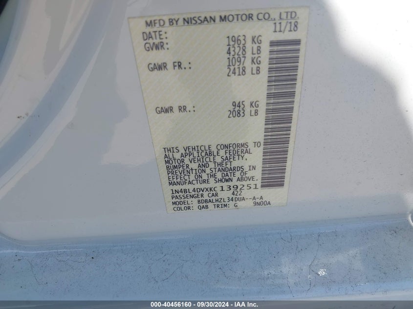 1N4BL4DVXKC139251 2019 Nissan Altima 2.5 Sv