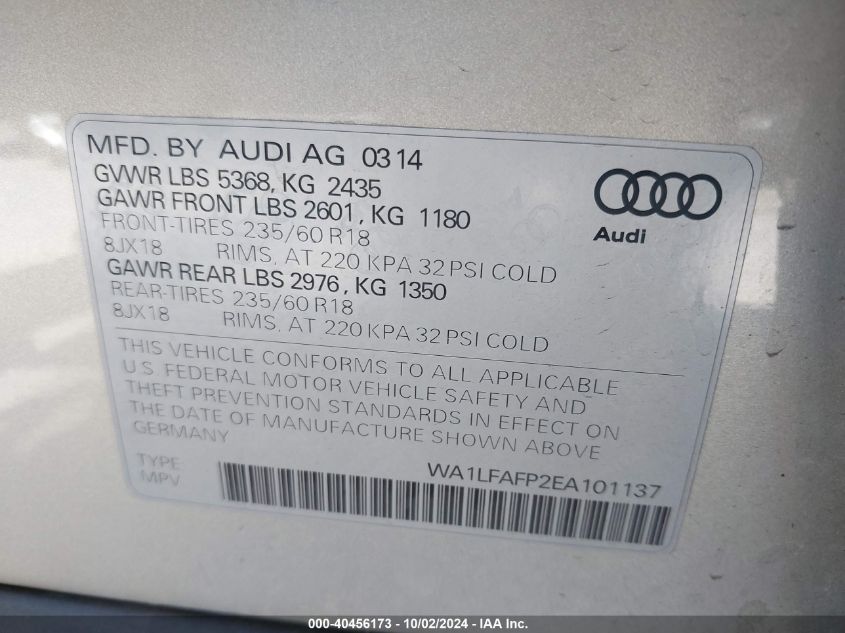 2014 Audi Q5 2.0T Premium VIN: WA1LFAFP2EA101137 Lot: 40456173