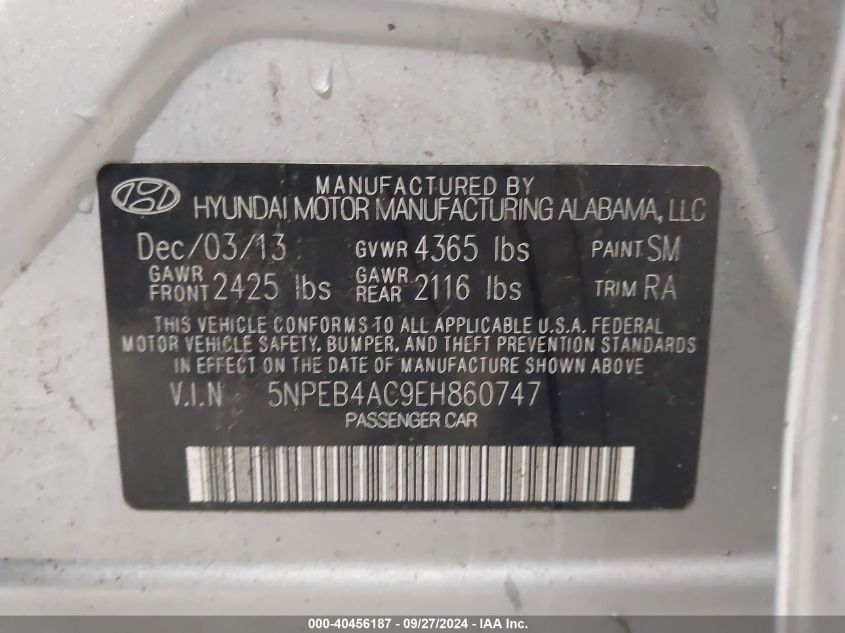 5NPEB4AC9EH860747 2014 Hyundai Sonata Gls