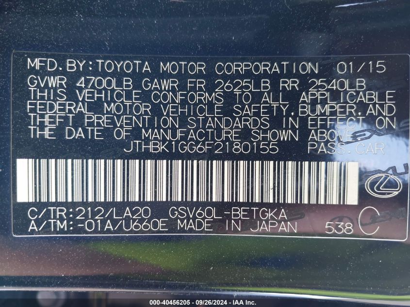 JTHBK1GG6F2180155 2015 Lexus Es 350