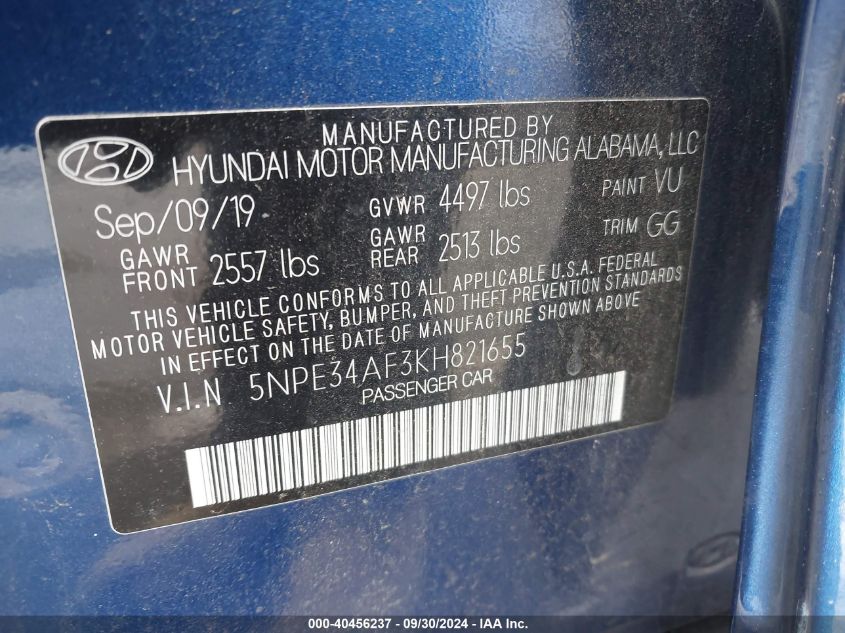 5NPE34AF3KH821655 2019 Hyundai Sonata Limited/Sel/Sport