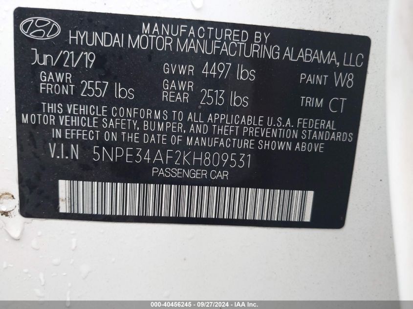 5NPE34AF2KH809531 2019 Hyundai Sonata Sel