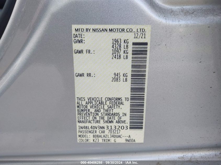 2022 Nissan Altima Sv VIN: 1N4BL4DV3NN313203 Lot: 40456288