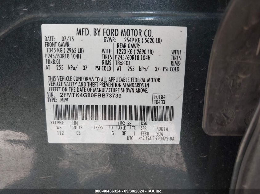 2FMTK4G80FBB73739 2015 Ford Edge Se