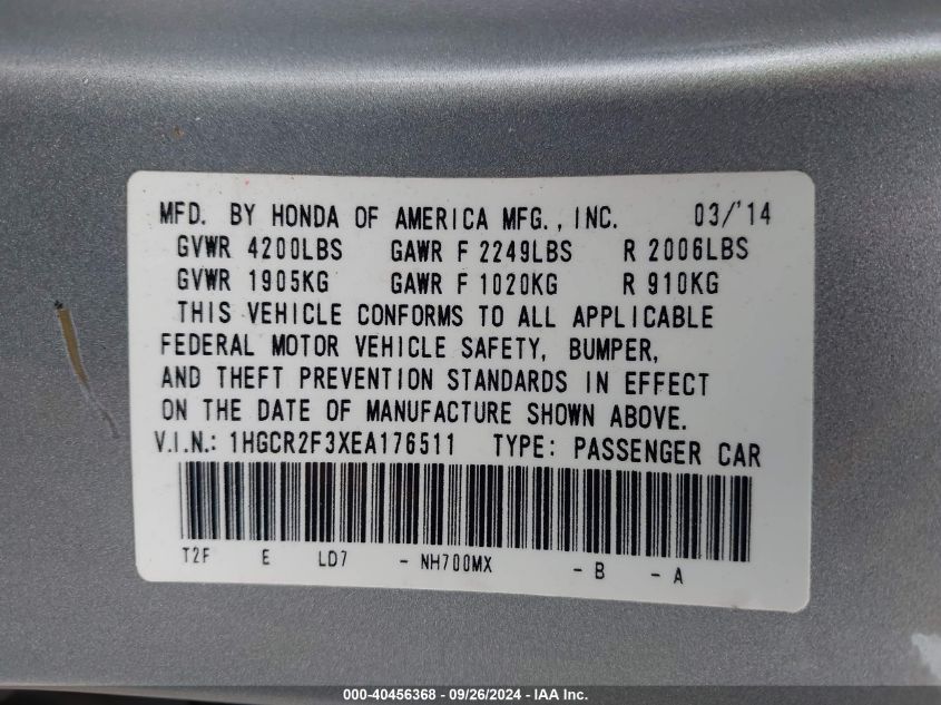 1HGCR2F3XEA176511 2014 Honda Accord Lx