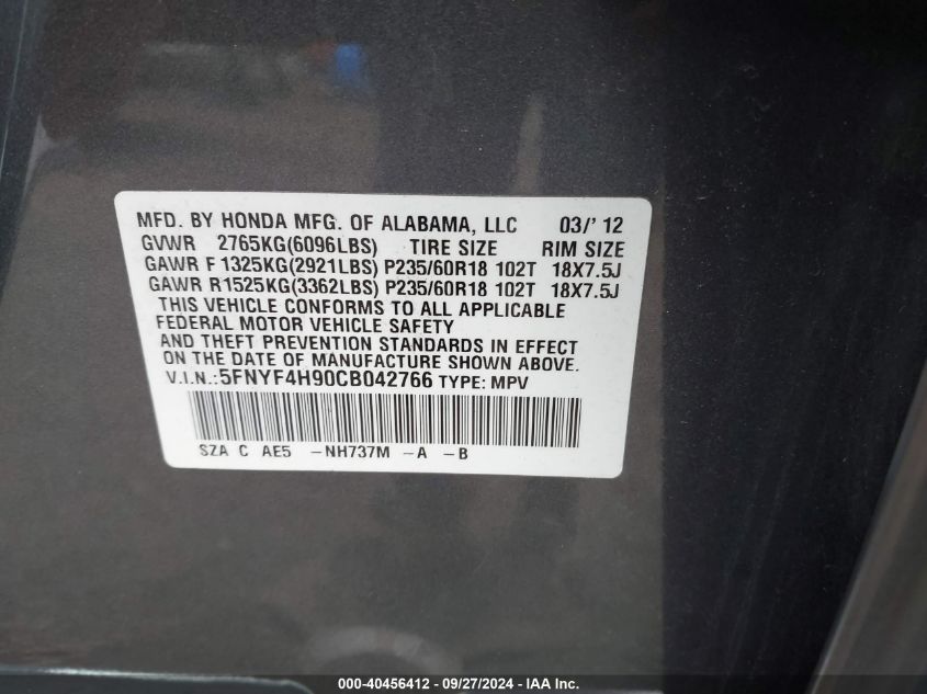 2012 Honda Pilot Touring VIN: 5FNYF4H90CB042766 Lot: 40456412