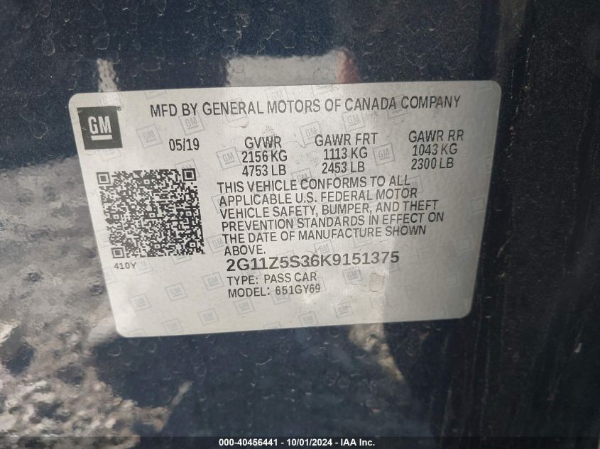 2G11Z5S36K9151375 2019 Chevrolet Impala Lt