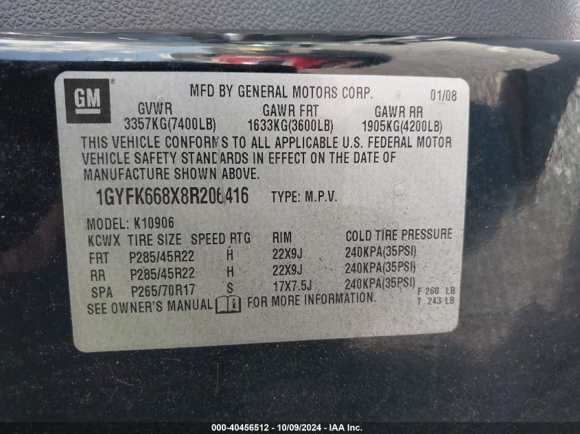 1GYFK668X8R206416 2008 Cadillac Escalade Esv Standard