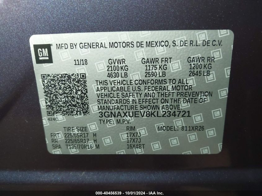 3GNAXUEV8KL234721 2019 Chevrolet Equinox Lt