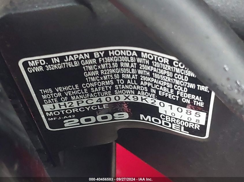 JH2PC400X9K201085 2009 Honda Cbr600 Rr