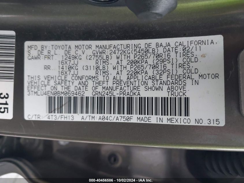 3TMLU4EN0BM069462 2011 Toyota Tacoma Base V6