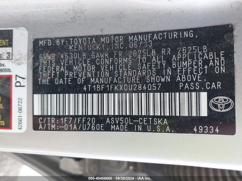 2013 Toyota Camry Se VIN: 4T1BF1FKXDU284057 Lot: 40456660