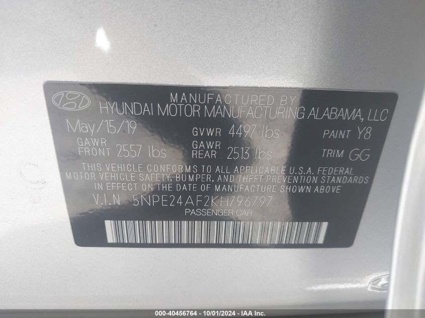 5NPE24AF2KH796797 2019 Hyundai Sonata Se