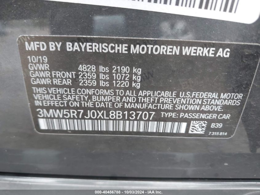 2020 BMW 330I xDrive VIN: 3MW5R7J0XL8B13707 Lot: 40456788