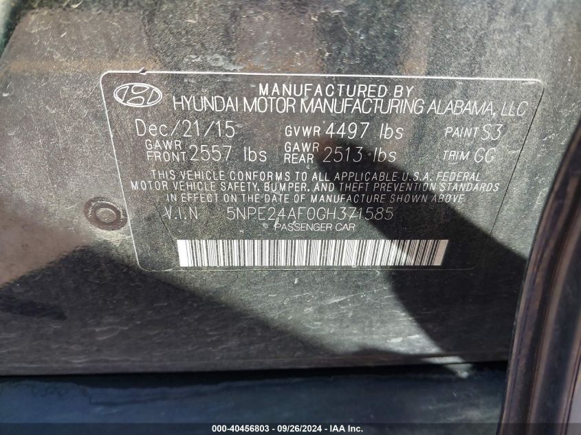 5NPE24AF0GH371585 2016 Hyundai Sonata Se