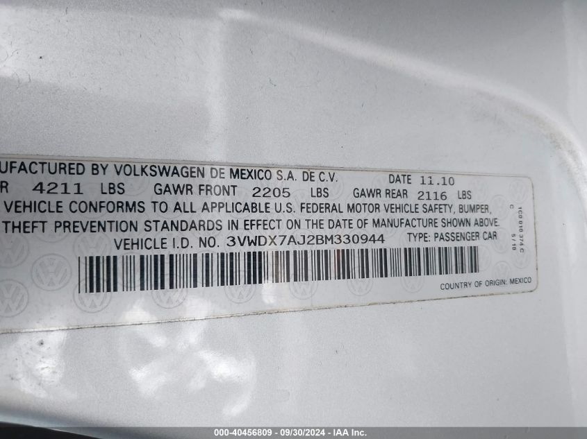 3VWDX7AJ2BM330944 2011 Volkswagen Jetta 2.5L Se