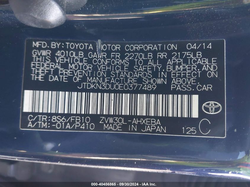 JTDKN3DU0E0377489 2014 Toyota Prius Two