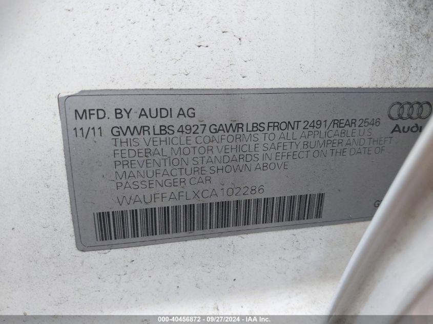 2012 Audi A4 2.0T Premium VIN: WAUFFAFLXCA102286 Lot: 40456872