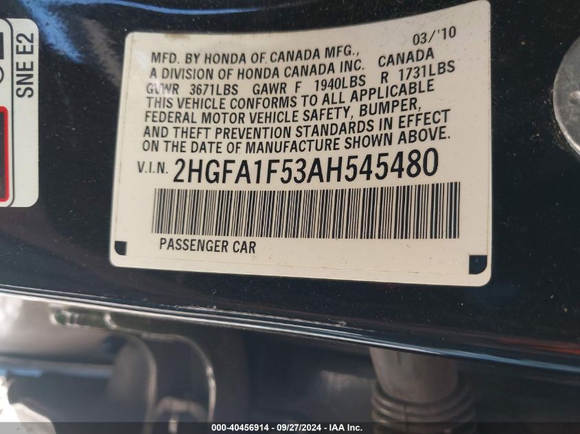 2HGFA1F53AH545480 2010 Honda Civic Lx