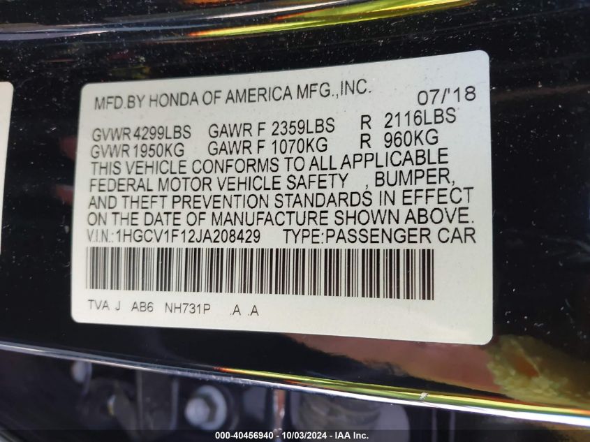 1HGCV1F12JA208429 2018 Honda Accord Lx