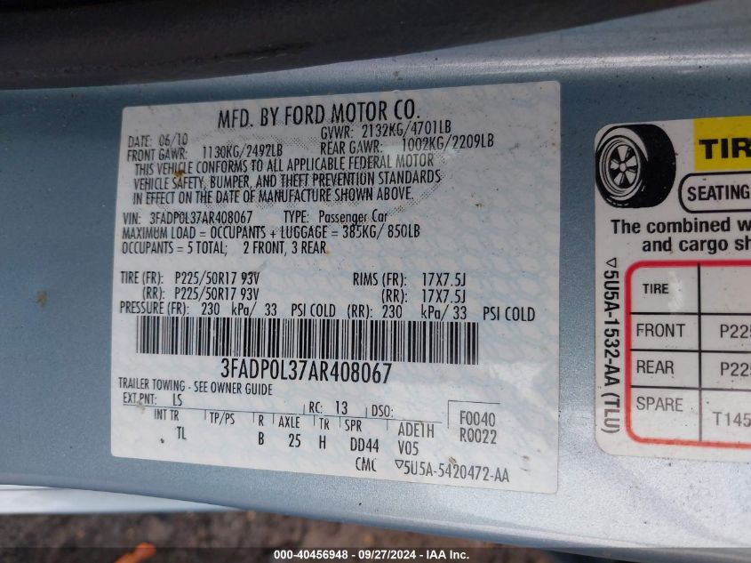 2010 Ford Fusion Hybrid VIN: 3FADP0L37AR408067 Lot: 40456948