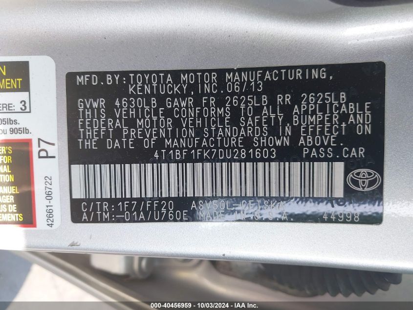 4T1BF1FK7DU281603 2013 Toyota Camry Se