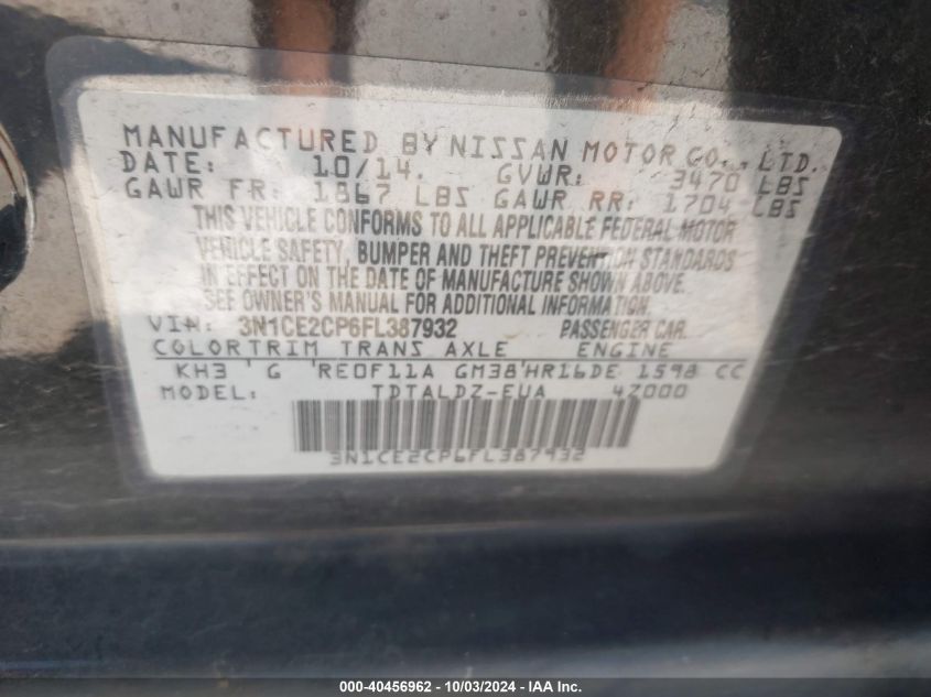 3N1CE2CP6FL387932 2015 Nissan Versa Note Sv