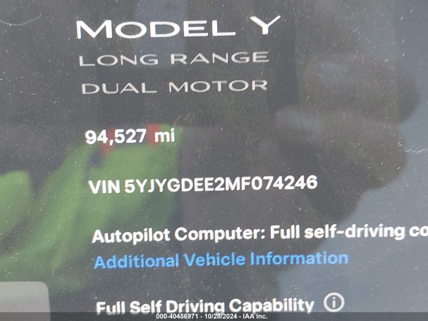 2021 Tesla Model Y Long Range Dual Motor All-Wheel Drive VIN: 5YJYGDEE2MF074246 Lot: 40456971