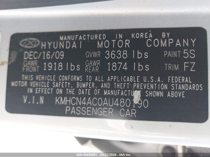 KMHCN4AC0AU480190 2010 Hyundai Accent Gls