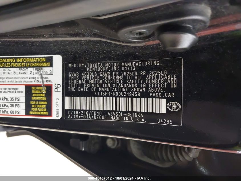 4T1BF1FK0DU219458 2013 Toyota Camry Le