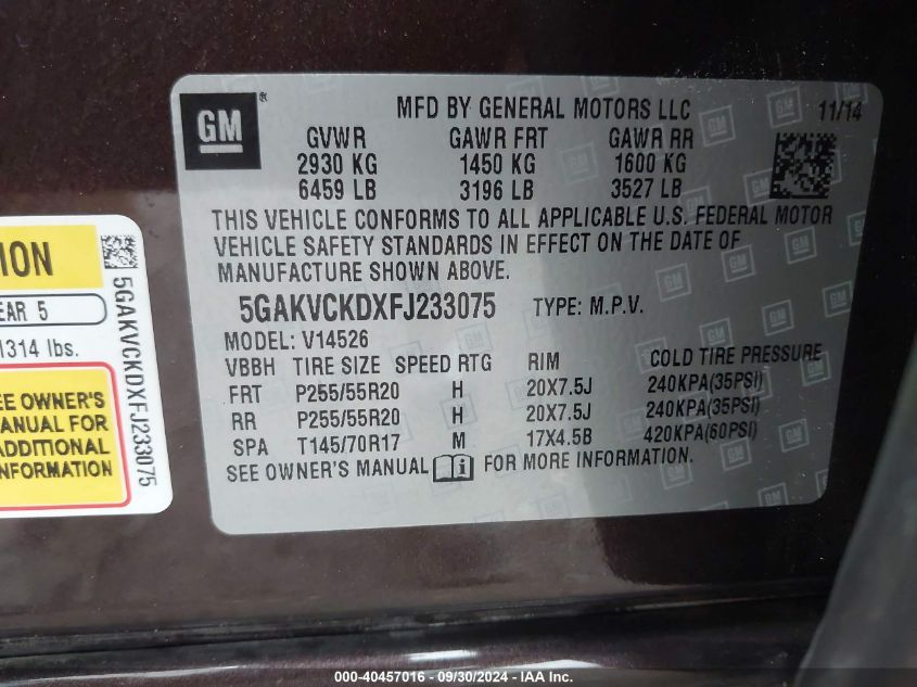 5GAKVCKDXFJ233075 2015 Buick Enclave