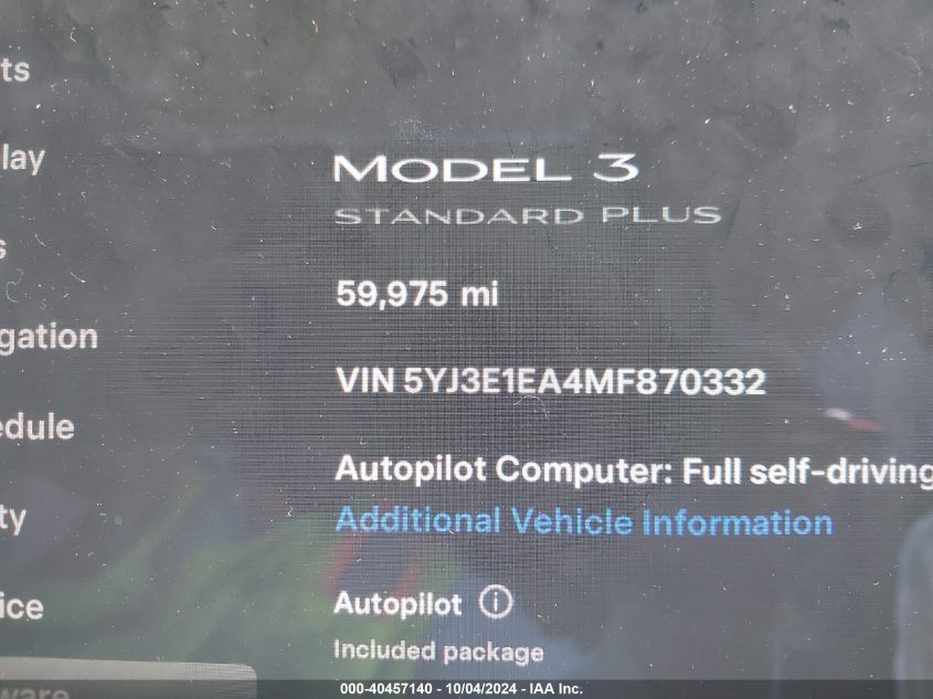 2021 Tesla Model 3 Standard Range Plus Rear-Wheel Drive VIN: 5YJ3E1EA4MF870332 Lot: 40457140