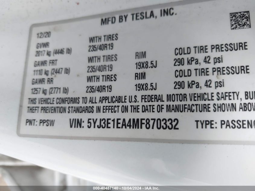 2021 Tesla Model 3 Standard Range Plus Rear-Wheel Drive VIN: 5YJ3E1EA4MF870332 Lot: 40457140