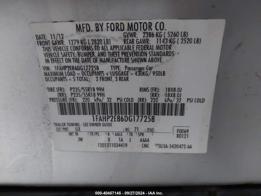 2013 Ford Taurus Sel VIN: 1FAHP2E86DG177258 Lot: 40457145